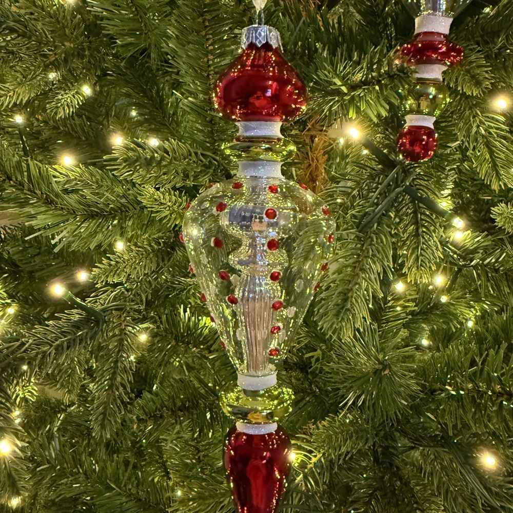 New in box - Elegant clear glass Red and Silver Holiday Ornaments